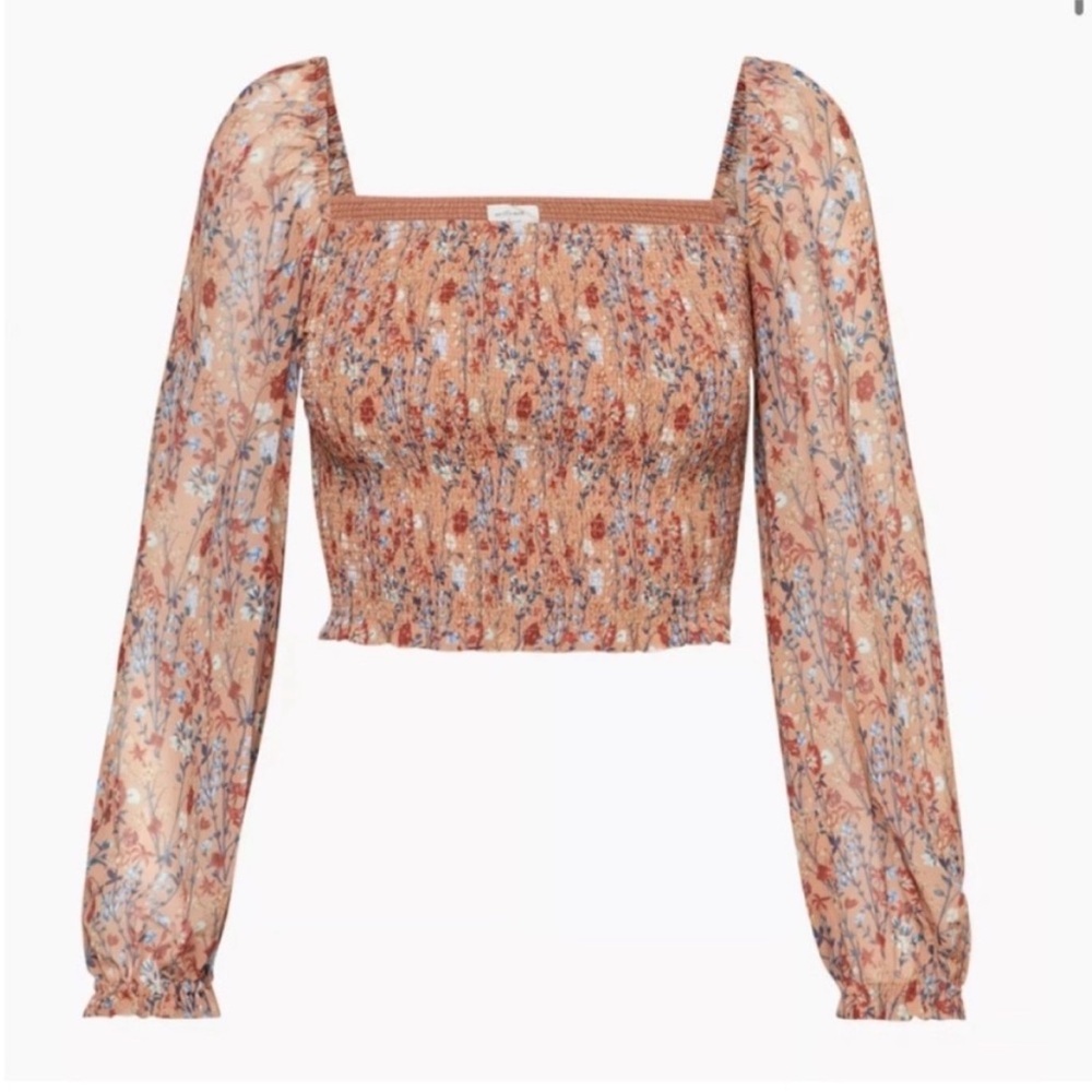Aritzia Wilfred Saga Square Neck Smocked Chiffon Puff Sleeve Top